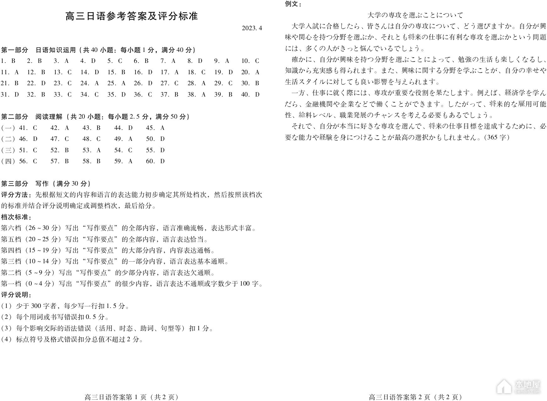 潍坊市高三二模日语试题及参考答案（2023）