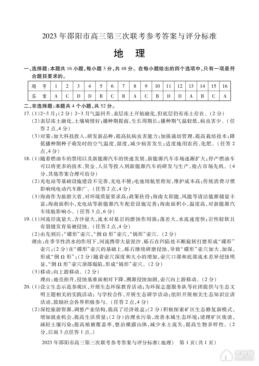 邵阳市高三三联地理试题及参考答案（2023）