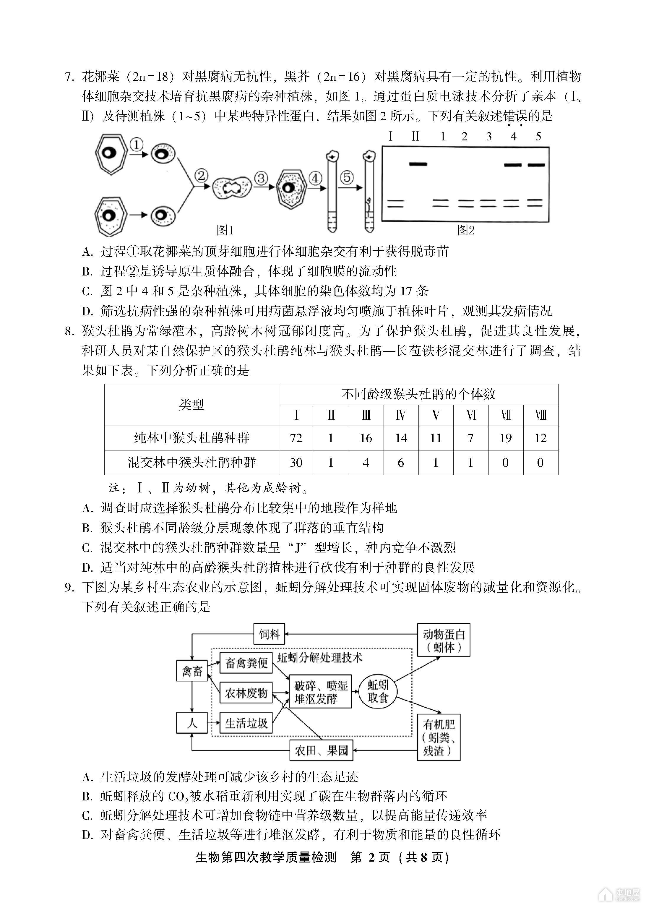 漳州市高三四检生物试题及参考答案（2023）