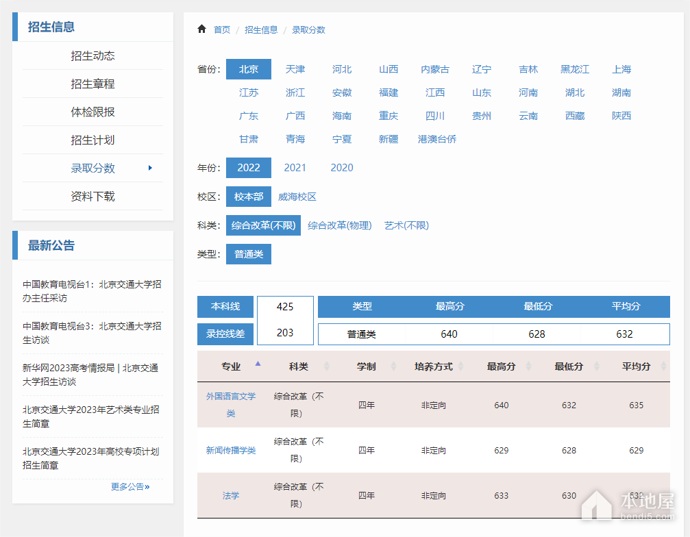 北京交通大学历年录取分数线查询平台