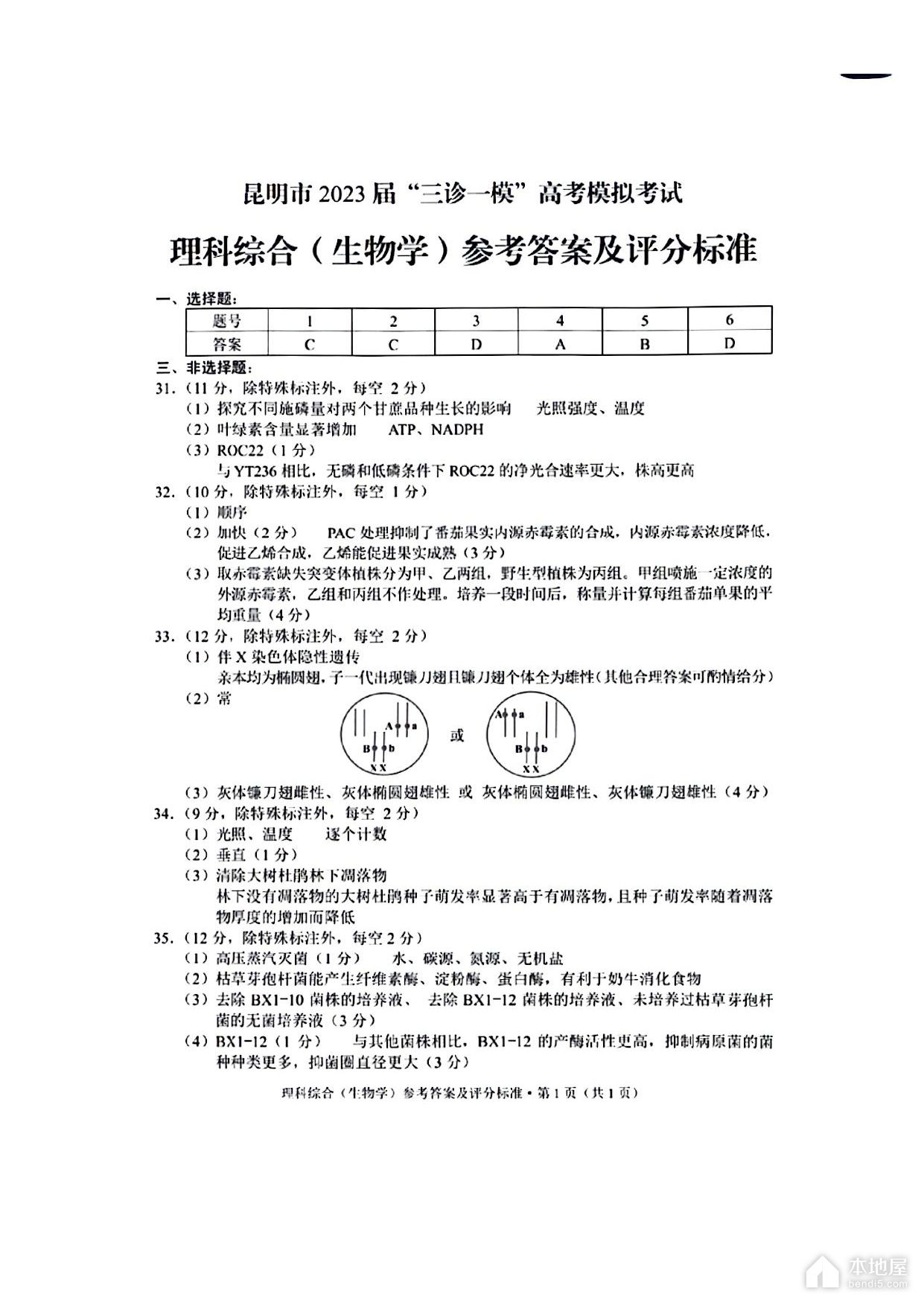 昆明市高三三诊一模理综试题及参考答案（2023）